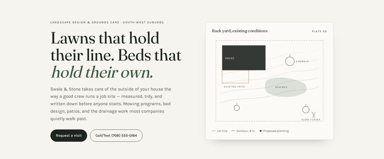 Swale & Stone Landscape Co. homepage: a warm off-white hero with a serif headline about lawns and planting beds, a request-a-visit button, and a line-drawn site plan of a back yard showing the house, patio, new bed and contour lines.