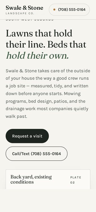 Swale & Stone Landscape Co. homepage on a phone: the same headline, buttons and site plan stacked for a narrow screen.