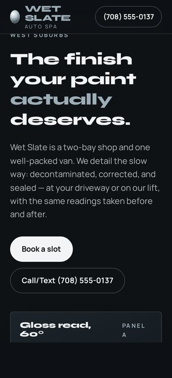 Wet Slate Auto Spa homepage on a phone: the same headline and buttons stacked for a narrow screen.